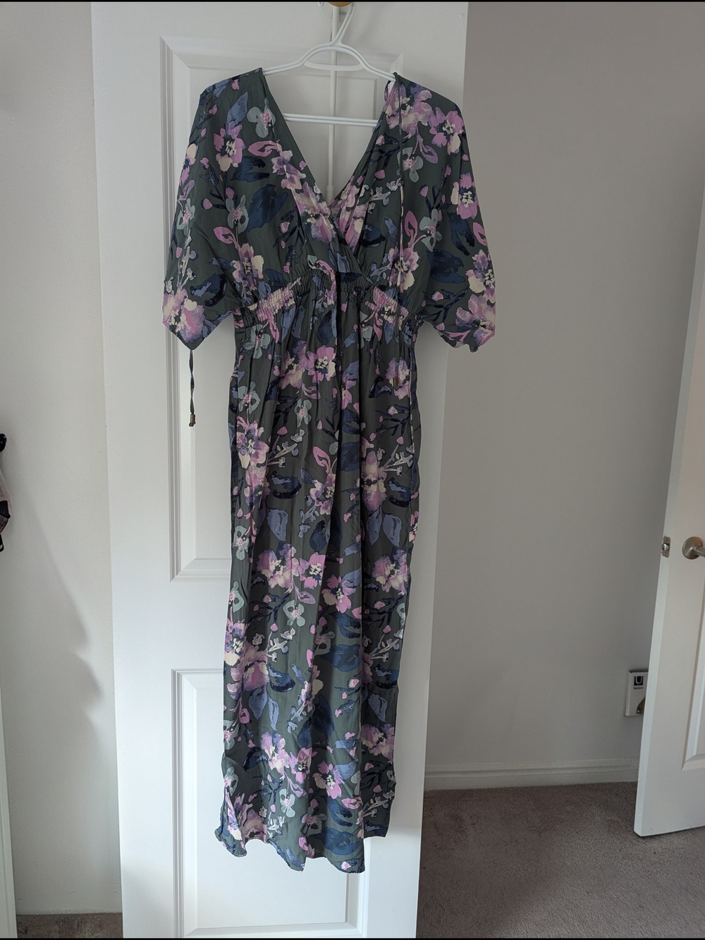 Jessica Simpson Maternity Floral V-Neck Maxi Dress in Olive with Pink Accents